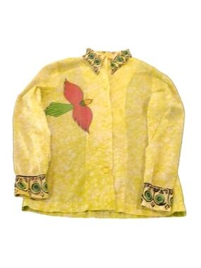 𝅺VINTAGE yellow blouse with colorful bird. Wearable art unique Size 3/4